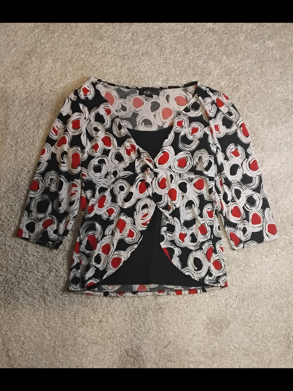 AGB Black Top with Red & White Abstract Circle Print